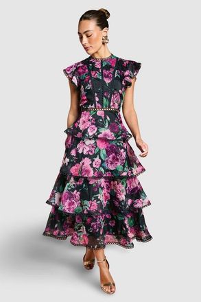 Coast Lace Trim Tiered Organza Midi Dress in Navy at Nordstrom, Size 10