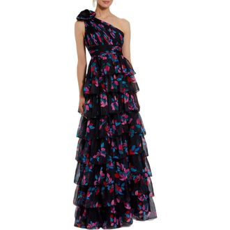Mac Duggal One Shoulder Printed Chiffon Tiered Ruffle Gown in Black Multi at Nordstrom, Size 2