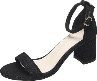 Generic European Style Women High Heeled Sandals Open Toe Square Design Hollow Out Flat Buckle Chunky Heel Dressy Casual Footwear (Black, 6.5)