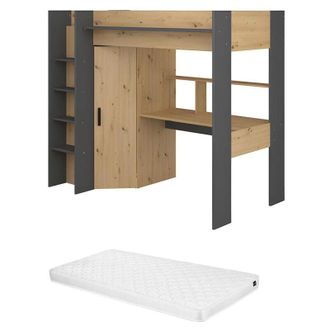 Vente-Unique Vente-unique - Letto a soppalco con scrivania e armadio 90 x 200 cm Rovere e Antracite + Materasso - auckland