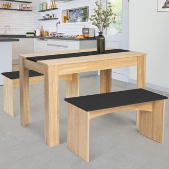 IDMarket Idmarket - Conjunto De Mesa De Comedor Y 2 Bancos Rozy Para 4 Personas Haya Y Negro 110 Cm