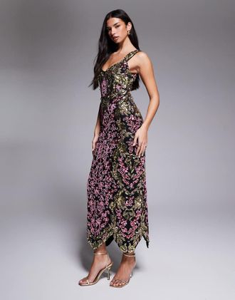 Asos Vestito lungo decorato con perline nero e dorato-Multicolore