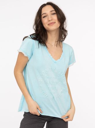 Zwillingsherz T-Shirt ZWILLINGSHERZ Positive Mind, Damen, Gr. S/M, t&uuml;rkis, Stoff, Obermaterial: 100% Baumwolle, h&uuml;ftbedeckend, V-Ausschnitt, Shirts T-Shirt, V-Aussc