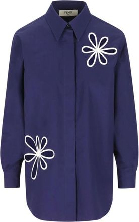 Fendi Shirt met bloemen-uitsnijding - Dames - Overhemden - Blauw - XS - Katoen - Overhemden