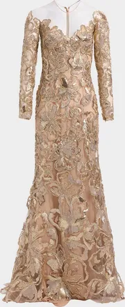 Elie Saab Long-Sleeve Metallic Raffia Embroidered Illusion Gown