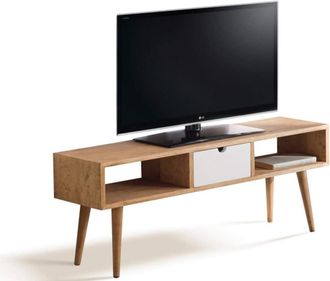HOGAR 24 Argos - Mesa tv sal&oacute;n vintage caj&oacute;n y huecos madera maciza natural
