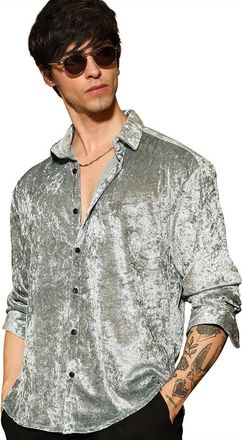 Campus Sutra Mens Sage Green Solid Velvet Shirt