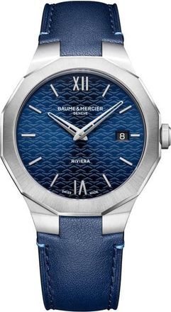 Baume & Mercier Riviera 73 Leather Strap Watch, 39mm in Blue at Nordstrom