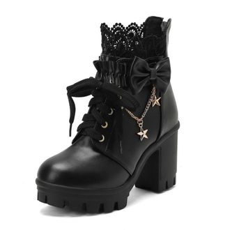 Generic Womens Lace-Up Chunky Heel Ankle Boots with Bow Detail,Lolita Style,Black,7.5 UK