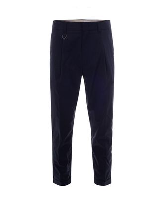 Paolo Pecora Navy Blue Chino Pants with Cuffed Hems and Structured Fabric