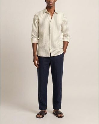 Orlebar Brown Justin Seersucker Cotton Stripe Shirt in Latte/night Iris at Nordstrom, Size Xx-Large
