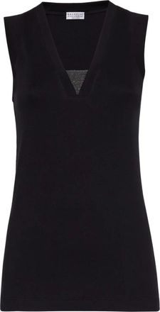 Brunello Cucinelli Geribbelde Jersey Top - Dames - Tops zonder mouwen - Zwart - L - Katoen - Tops