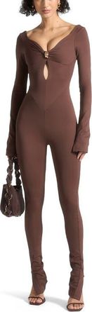 Mani&egrave;re De Voir Twisted Bust Off Shoulder Jumpsuit in Brown at Nordstrom, Size 2
