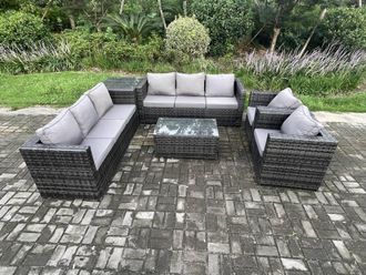 Fimous 8 Seater Outdoor Lounge Sofa Set Wicker PE Rattan Garden Furniture Set with 2 Armchair Oblong Coffee Table Side Table Dark Grey Mixed