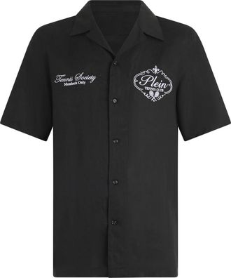 Philipp Plein Linnen Bowling Shirt Tennis Club - Heren - Korte mouwen Overhemden - Zwart - XL - Linnen - Overhemden
