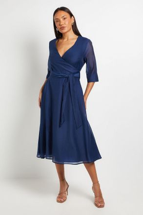 Principles Womens Organza Belted Midi Dress - Navy - Size 16 UK