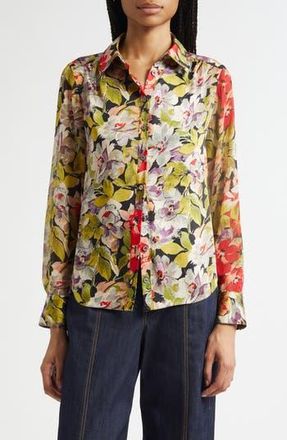 Cinq &agrave; Sept Canyon Bloom Print Tiered Ruffle Shirt in Black Multi at Nordstrom Rack, Size X-Small