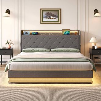 Merax Grey Linen 4ft6 Double Ottoman Bed with LED & Hidden Storage