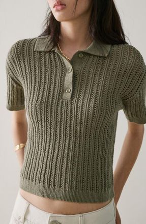 Mango Openwork Sweater Polo in Khaki Green at Nordstrom, Size X-Small