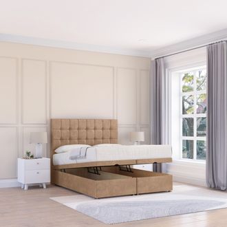 Sloomy Alabama Naples Fabric Ottoman Bed End Opening With Sprung Memory Mattress & 26 Inch strut Headboard in Light Sand | Size: Small Single