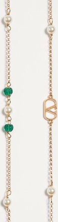 Valentino Garavani Collana Lunga Vlogo Signature In Metallo, Perle E Vetro Godronato Donna ORO/VERDE UNI
