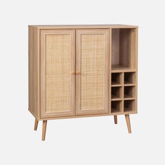 Sweeek Aparador Con Portabotellas, Mimbre Y Decoraci&oacute;n De Madera, 83cm