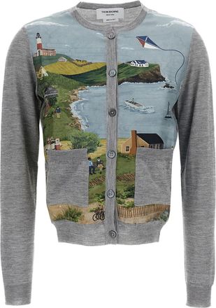 Thom Browne Cropped Cashmere-Silk Cardigan with Scenic Print and Buttoned Cuffs