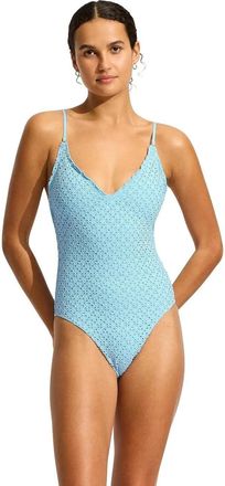 Seafolly Daydreamer Swimsuit Womens Powder Blue Stretch V-Neck One-Piece JZZ962