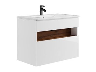 Vente-Unique Mueble de ba&ntilde;o flotante con LEDs y lavabo empotrado - Blanco y natural oscuro - Ancho 80 cm - POZEGA