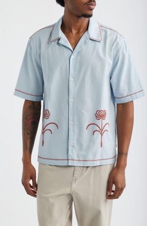 Wax London Keats Embroidered Short Sleeve Button-Up Shirt in Light Blue /Rust at Nordstrom, Size Xx-Large