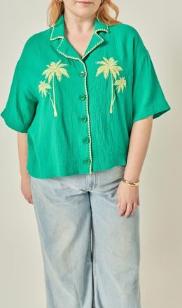 English Factory Tropical Embroidered Cotton Camp Shirt in Green at Nordstrom, Size 3X
