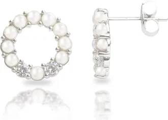 MAX + STONE Sterling Silver Freshwater Pearl Open Circle Earrings With Cubic Zirconia Accents