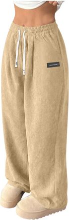 Generic Corduroy Trousers Women Casual Pull On Wide Leg Trousers with Pockets & Drawstring Ladies Elasticated Waist Lounge Pants Full Length Gym Running Track