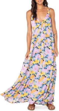 Roxy Honolulu Glow Floral Tiered Maxi Dress in Anthracite at Nordstrom Rack, Size X-Large