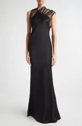 Victoria Beckham Asymmetric Mesh Trim Trumpet Gown in Black at Nordstrom, Size 6