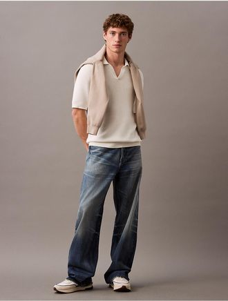 Calvin Klein Mens Textured Cotton Johnny Collar Polo Sweater - White - XL