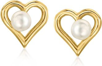 Ross-Simons 4-4.5mm Cultured Pearl Heart Earrings in 10kt Yellow Gold
