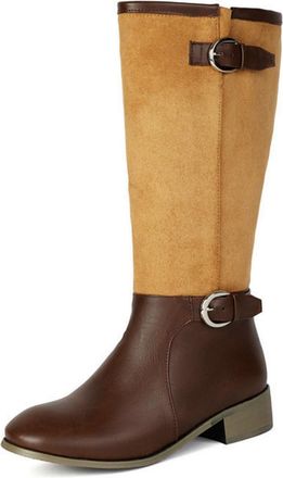 Generic Womens Round Toe PU Leather Knight Boots Pull on Knee High Boots with Buckle Low Chunky Heel Long Boot,Brown,6.5 UK