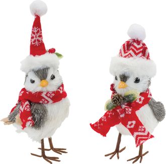 Melrose International Winter Bird with Hat and Scarf Accent (Set of 6) - White; Grey; Red