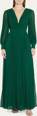 Badgley Mischka Pleated Blouson-Sleeve Deep V-Neck Gown