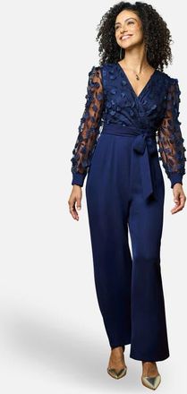 Yumi Sash Waist Floral Applique Wrap Jumpsuit in Navy at Nordstrom, Size 14