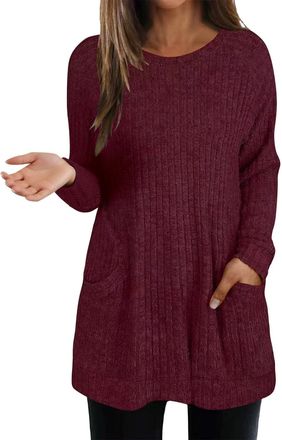 Generic Womens Jumpers Long Sleeve Tops Casual Round Neck Ladies Curved Hem Tunic Top Long Tops to Wear with Leggings Ladies Lightweight Knit Jumpers Plus Siz