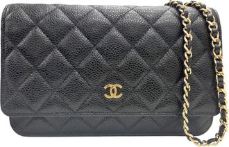 Chanel Matelasse Gold Black Grained Calfskin Chain/Shoulder Wallet (Pre-Owned)