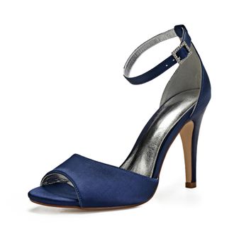 Generic Wedding Shoes Womens Heels High Heels Satin Bridal Shoes Stiletto Ankle Strap Open Toe High Heels Sandals10.5 Cm,Dark Blue,6 UK