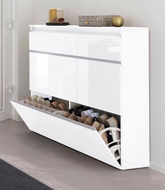 Dmora Dmora Zapatero Moderno, Made In Italy, Con 2 Puertas Y 1 Puerta Abatible, Zapatero De Entrada, 120x27h108 Cm, Color Blanco Brillante, Con Embalaje Ref