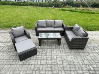 Fimous 7 Seater Outdoor Rattan Garden Furniture Set Rattan Lounge Sofa Set with Rectangular Coffee Table Reclining Chair Big Footstool in Dark Grey