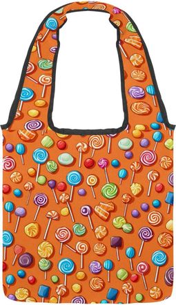 Generic Orange Candy Pattern Reversible Canvas Shoulder Tote - Double-Sided Print, 12oz Cotton, 27cm Drop, Fold-Flat Bag for Travel, Shopping, Street Outings