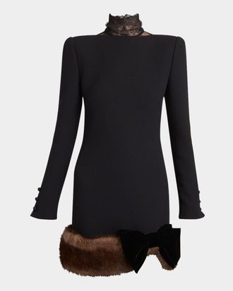 Valentino Garavani Turtleneck Long-Sleeve Sheep Shearling-Trim Mini Dress