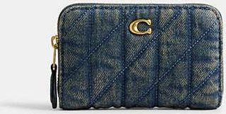 Coach Essential Small Zip Around Card Case In Regenerative Cotton Denim With Quilting