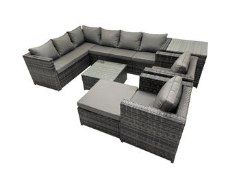 Fimous Patio Furniture Sets with Corner Sofa Square Coffee Table Big Stool in Dark Grey